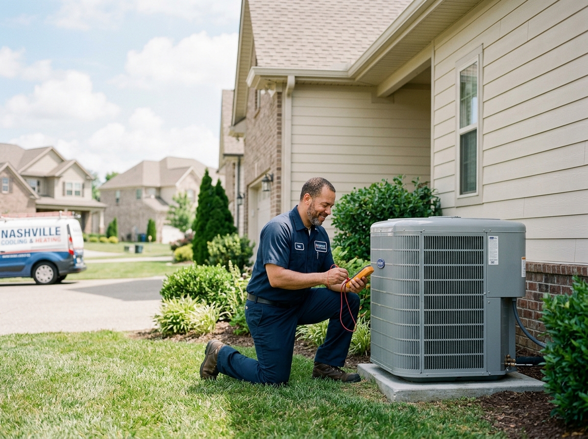 Volunteer Climate Co. certified HVAC technician performing maintenance on an outdoor air conditioning unit